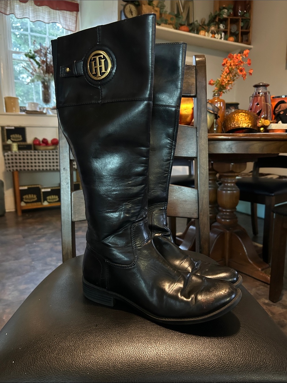Tommy Hilfiger Black Leather Tall Combat Boots